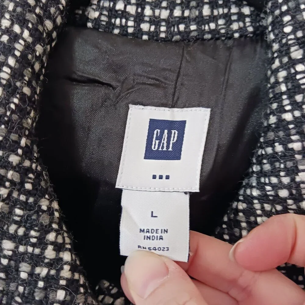 Gap Black White Tweed Coat Large Longline Warm Winter